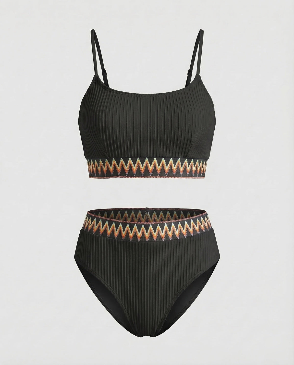 Costum de baie bikini cu nervuri și talie înaltă pentru femei, cu decolteu rotund și bretele subțiri – costum de baie din două piese, pentru vacanțe la plajă și la piscină