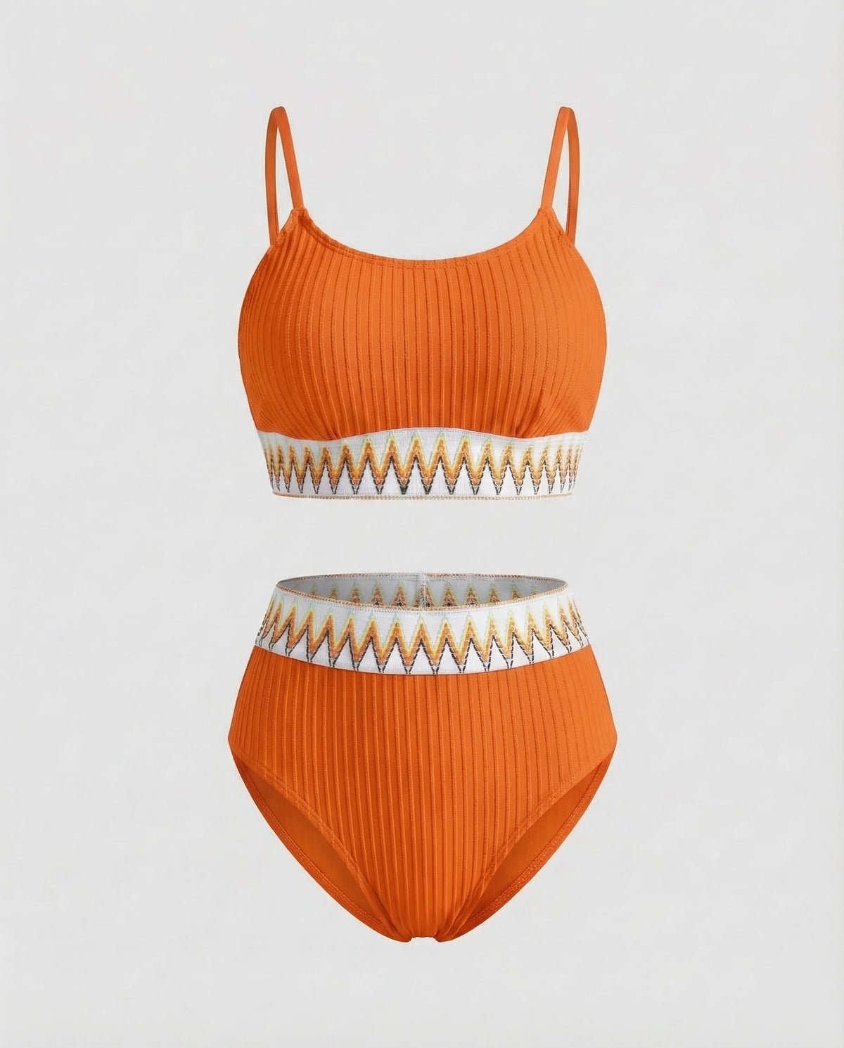 Costum de baie bikini cu nervuri și talie înaltă pentru femei, cu decolteu rotund și bretele subțiri – costum de baie din două piese, pentru vacanțe la plajă și la piscină
