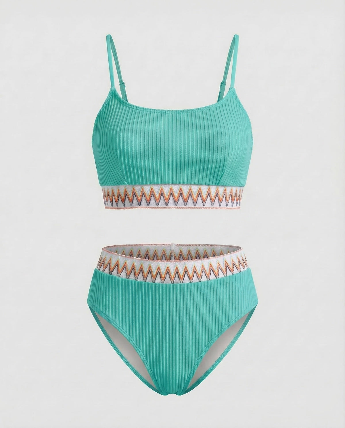 Costum de baie bikini cu nervuri și talie înaltă pentru femei, cu decolteu rotund și bretele subțiri – costum de baie din două piese, pentru vacanțe la plajă și la piscină