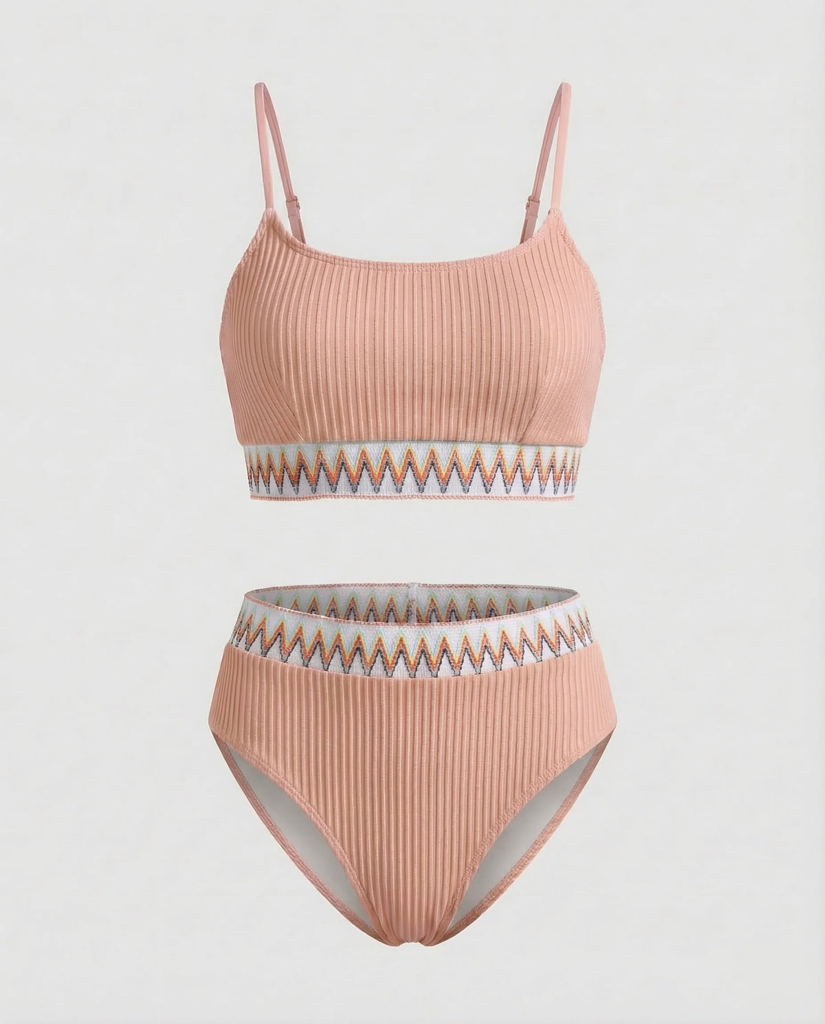 Costum de baie bikini cu nervuri și talie înaltă pentru femei, cu decolteu rotund și bretele subțiri – costum de baie din două piese, pentru vacanțe la plajă și la piscină