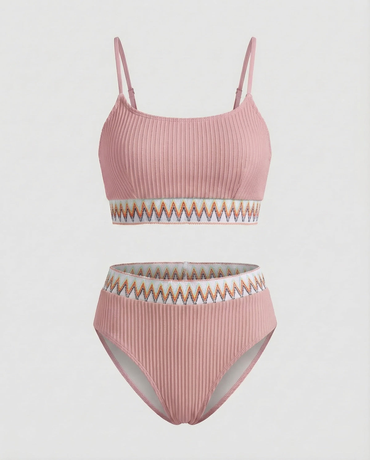 Costum de baie bikini cu nervuri și talie înaltă pentru femei, cu decolteu rotund și bretele subțiri – costum de baie din două piese, pentru vacanțe la plajă și la piscină