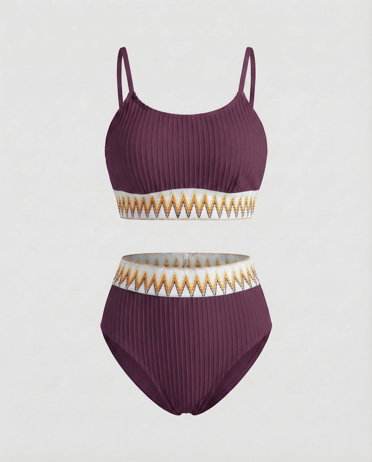 Costum de baie bikini cu nervuri și talie înaltă pentru femei, cu decolteu rotund și bretele subțiri – costum de baie din două piese, pentru vacanțe la plajă și la piscină