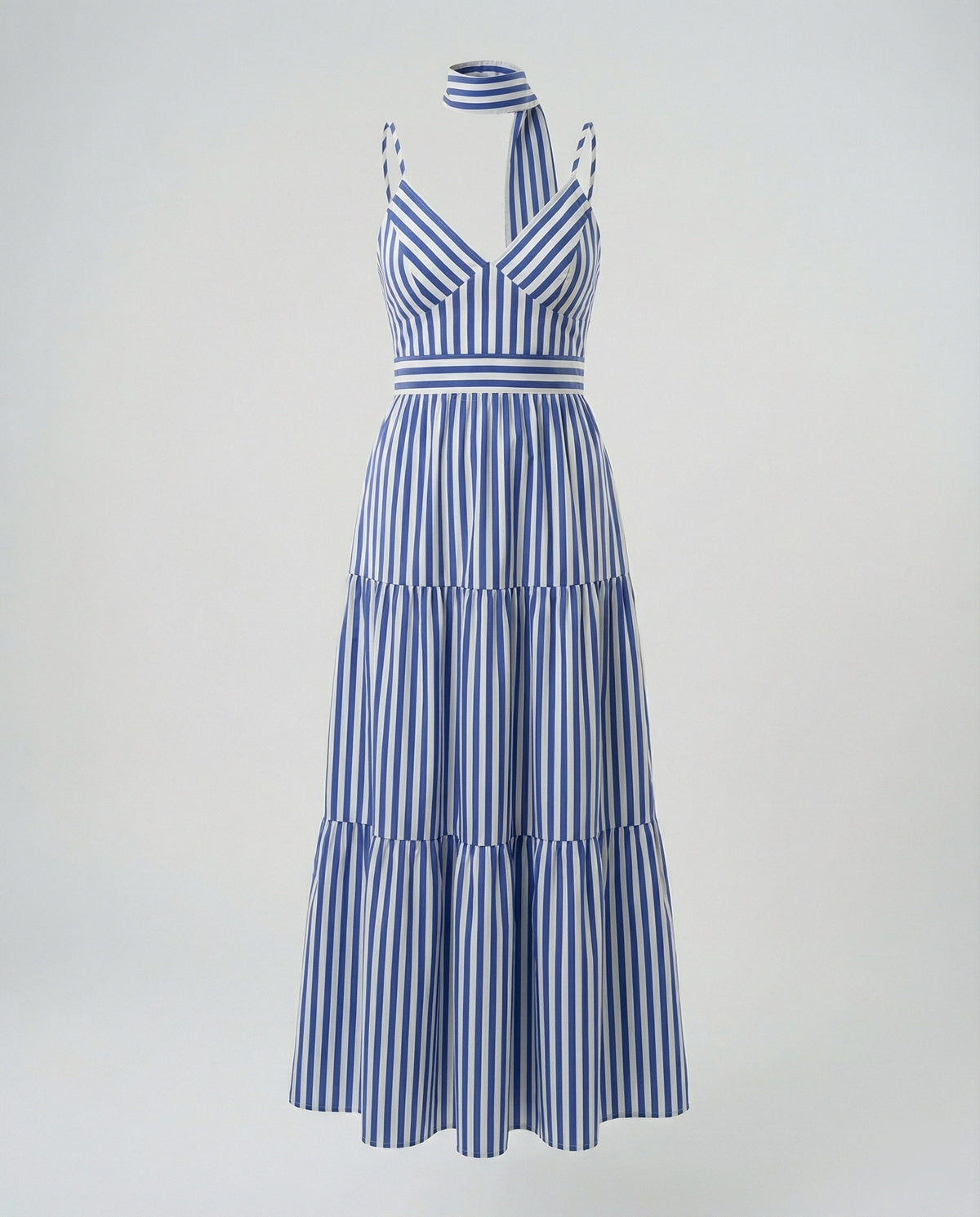 Vestido maxi estampado com decote em V para mulher – vestido de verão sem mangas, com saia em camadas, cintura cintada e detalhe de lenço, para férias