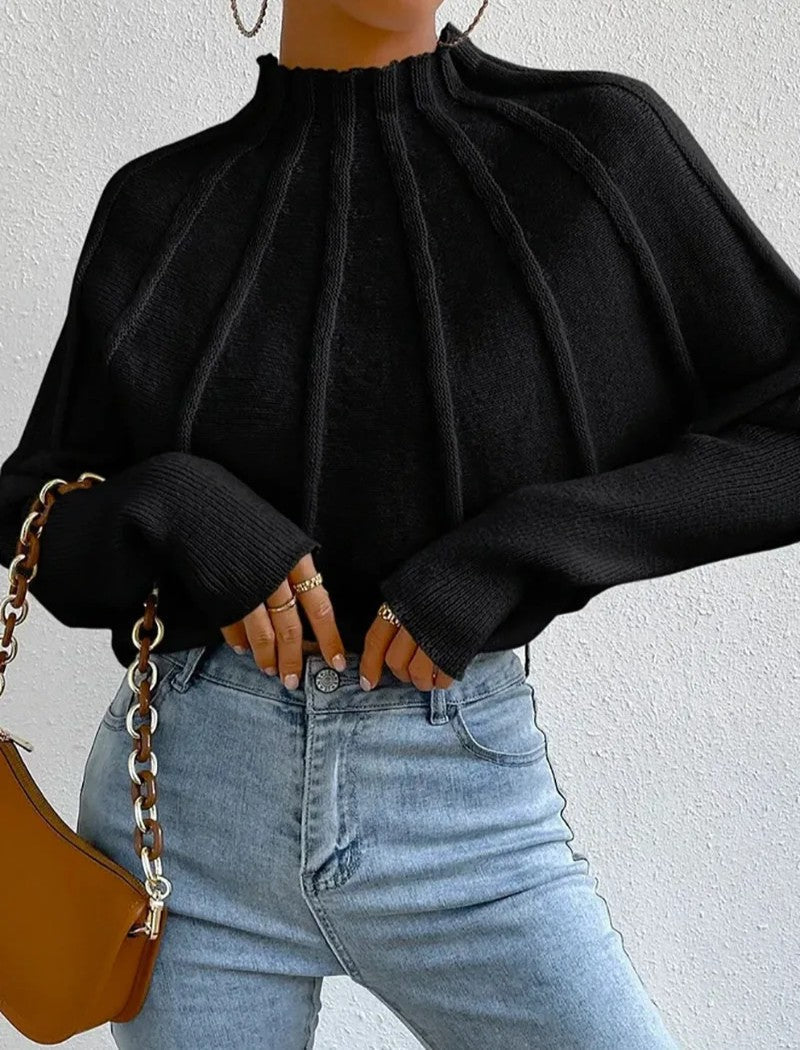 Women’s Mock-Neck Batwing Knit Sweater – Ribbed Sculptural Jumper with Flared Cuffs for Elegant Autumn Casual Wear