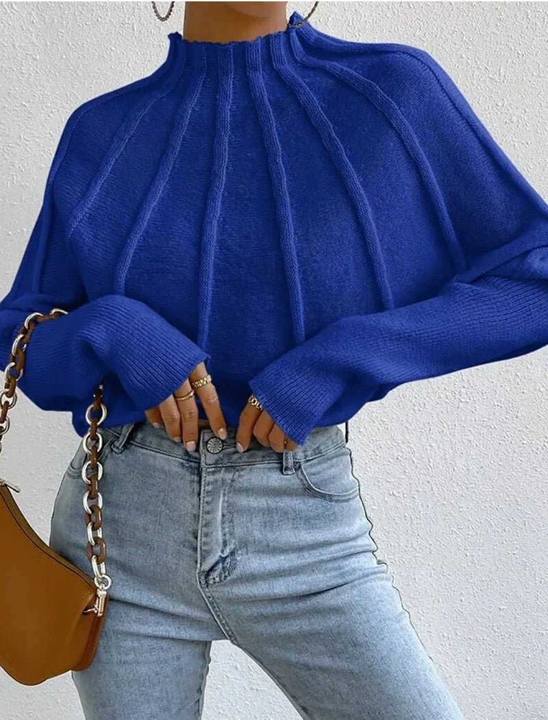 Women’s Mock-Neck Batwing Knit Sweater – Ribbed Sculptural Jumper with Flared Cuffs for Elegant Autumn Casual Wear