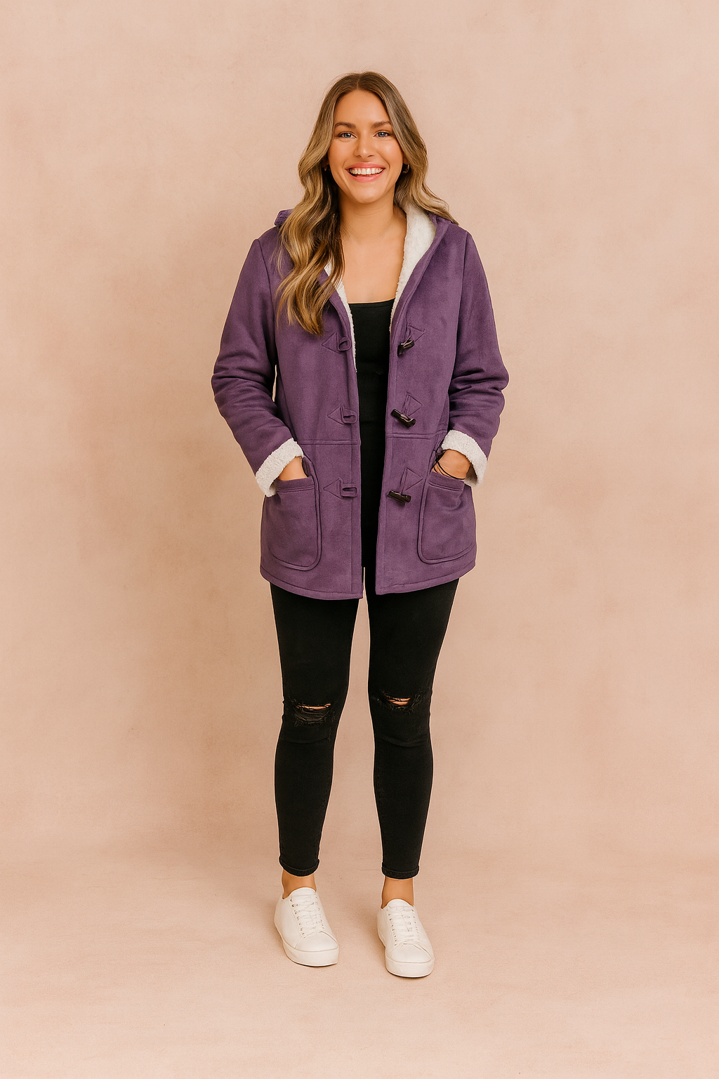 Damen-Kapuzen-Dufflejacke für den Winter mit weichem Fleece-Futter und Knebelverschluss – lässig geschnittene, mittellange, warme Freizeit-Oberbekleidung mit Vordertaschen für den Alltag im Herbst und Winter
