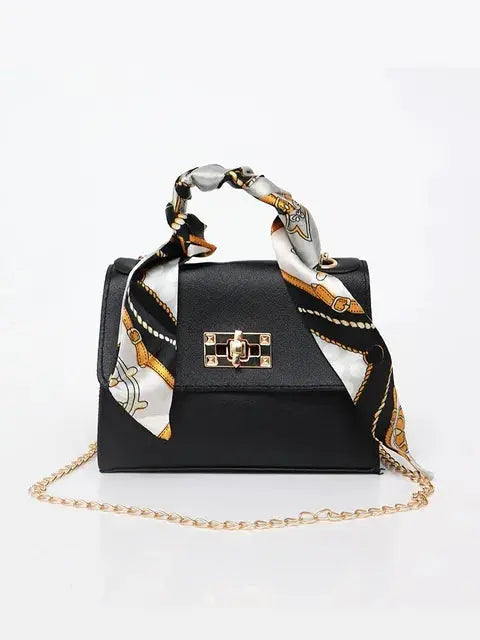 Women’s Structured Chain Handbag Printed Scarf Handle Shoulder Bag
