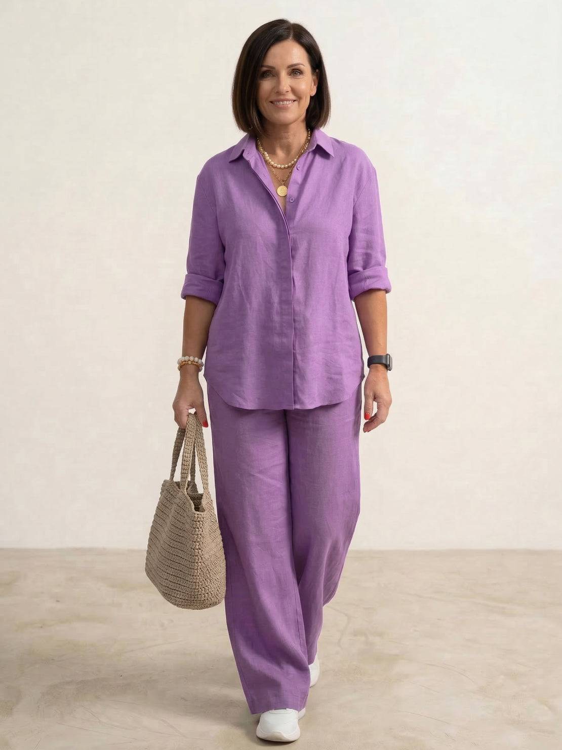 Women’s Oversized Linen Shirt and Wide Leg Trouser Set