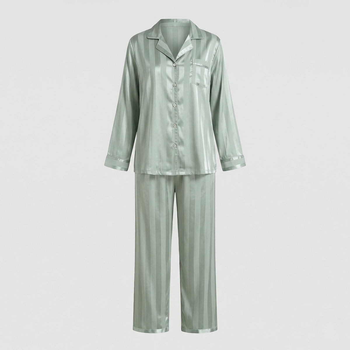 Women’s Satin Finish Pyjama Set with Button Front Shirt – Relaxed Long Sleeve Nightwear with Full Length Trousers