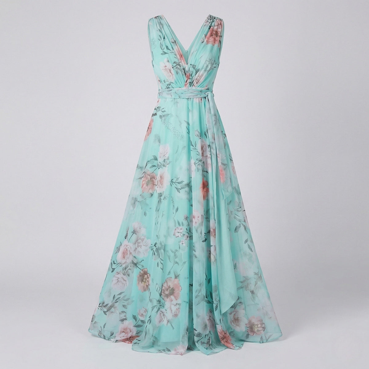 Damen-Maxikleid aus bedrucktem Chiffon mit Bindegürtel und Schlitzrock – Ärmelloser Stil für Hochzeitsgäste