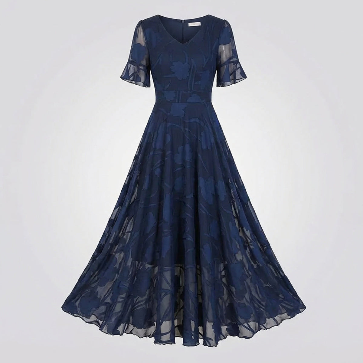 Robe longue à col V pour femme avec manches volantées transparentes et taille marquée - Coupe trapèze fluide pour les mariages et les réceptions en soirée