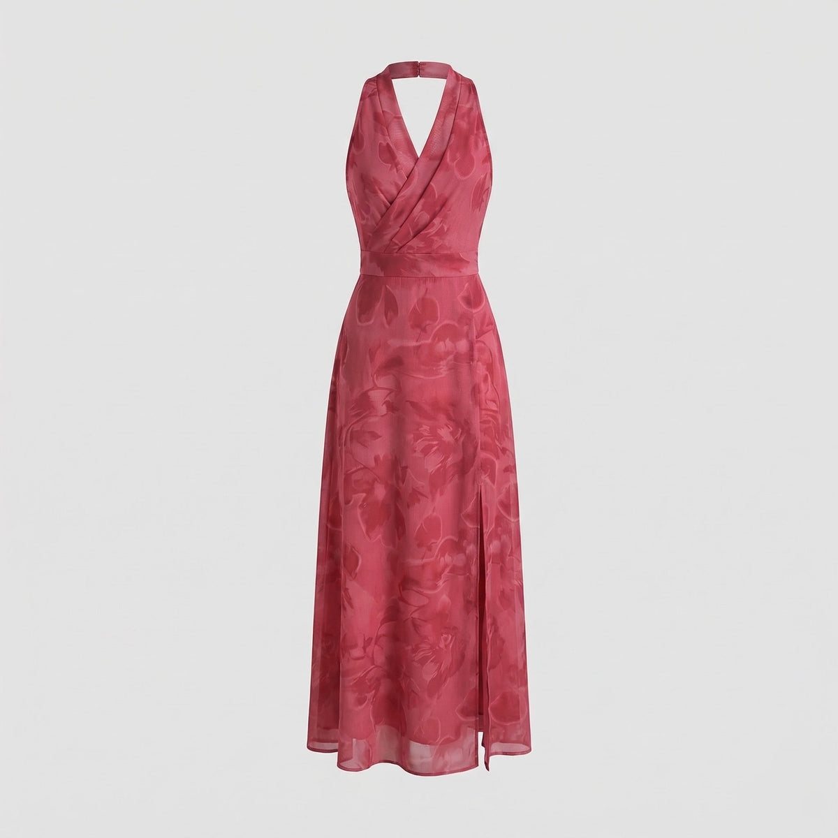 Women’s Printed Wrap-Effect Maxi Dress with V-Neckline and High Front Split – Draped Sleeveless Style for Weddings and Evening Occasions