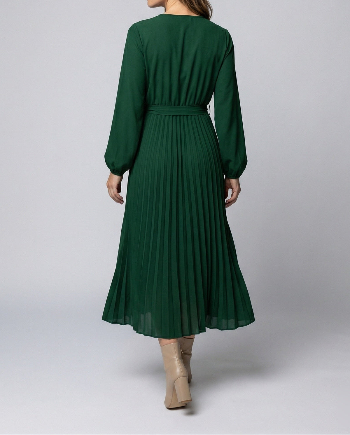 Vestido largo plisado de mujer con escote cruzado y cintura con lazo - mangas largas abullonadas para ocasiones elegantes