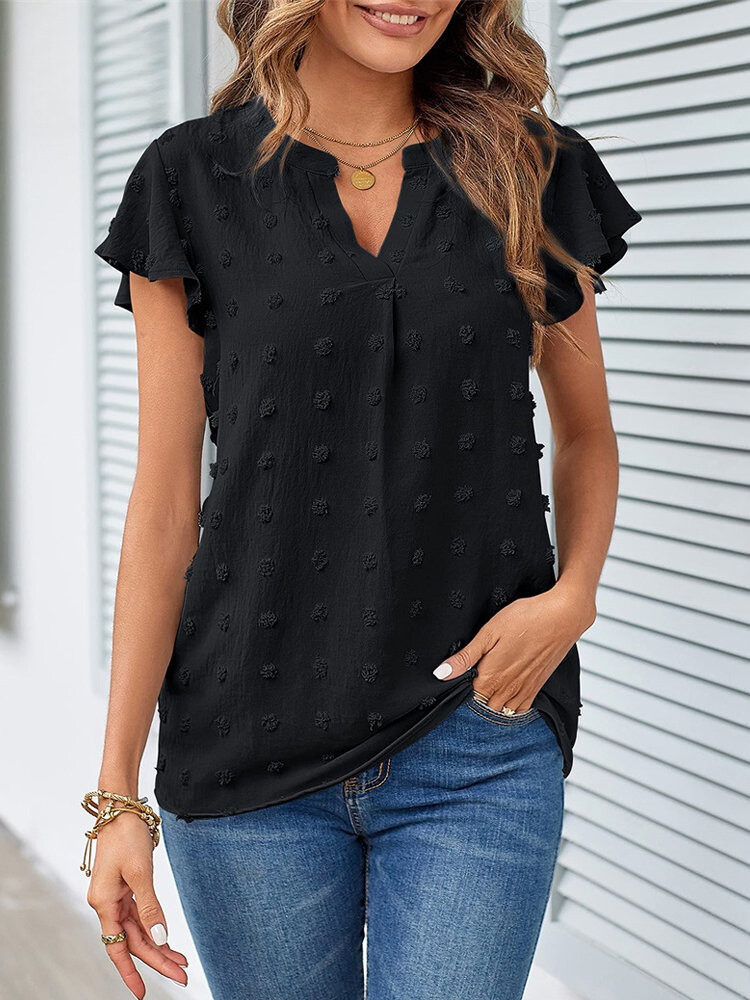Women’s Ruffle Sleeve Blouse – Textured Notch Neck Top for Everyday Wear