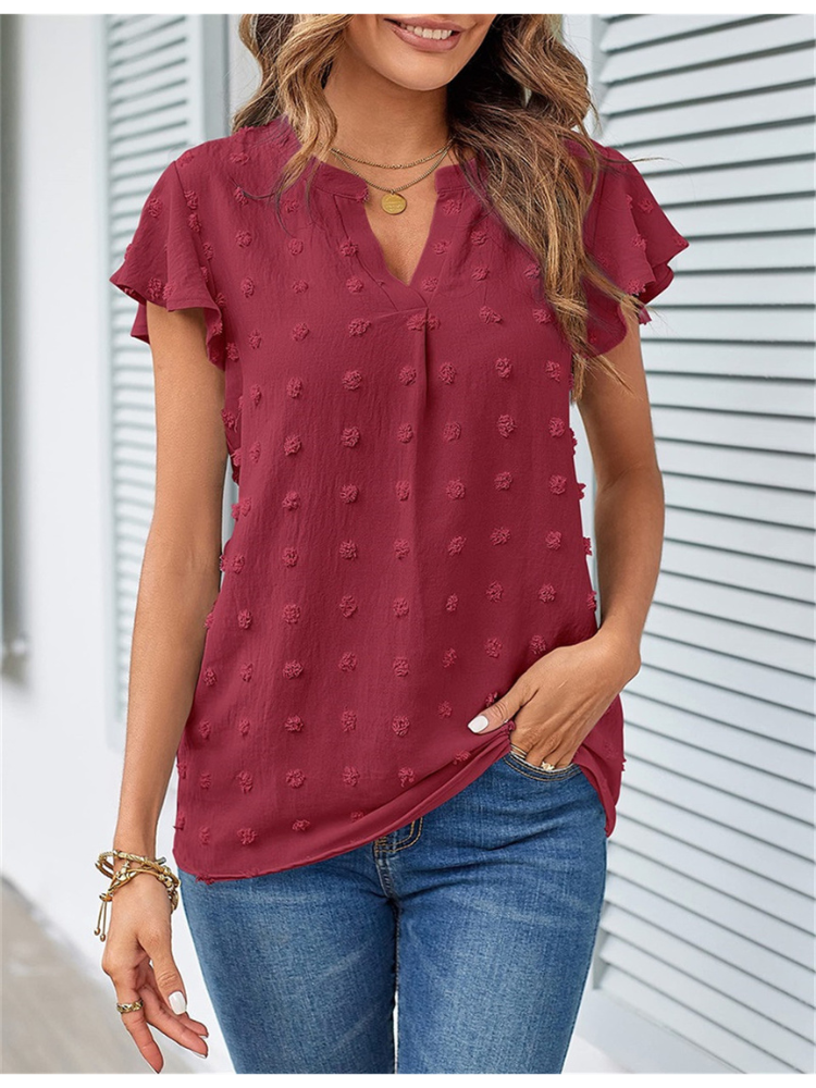 Women’s Ruffle Sleeve Blouse – Textured Notch Neck Top for Everyday Wear
