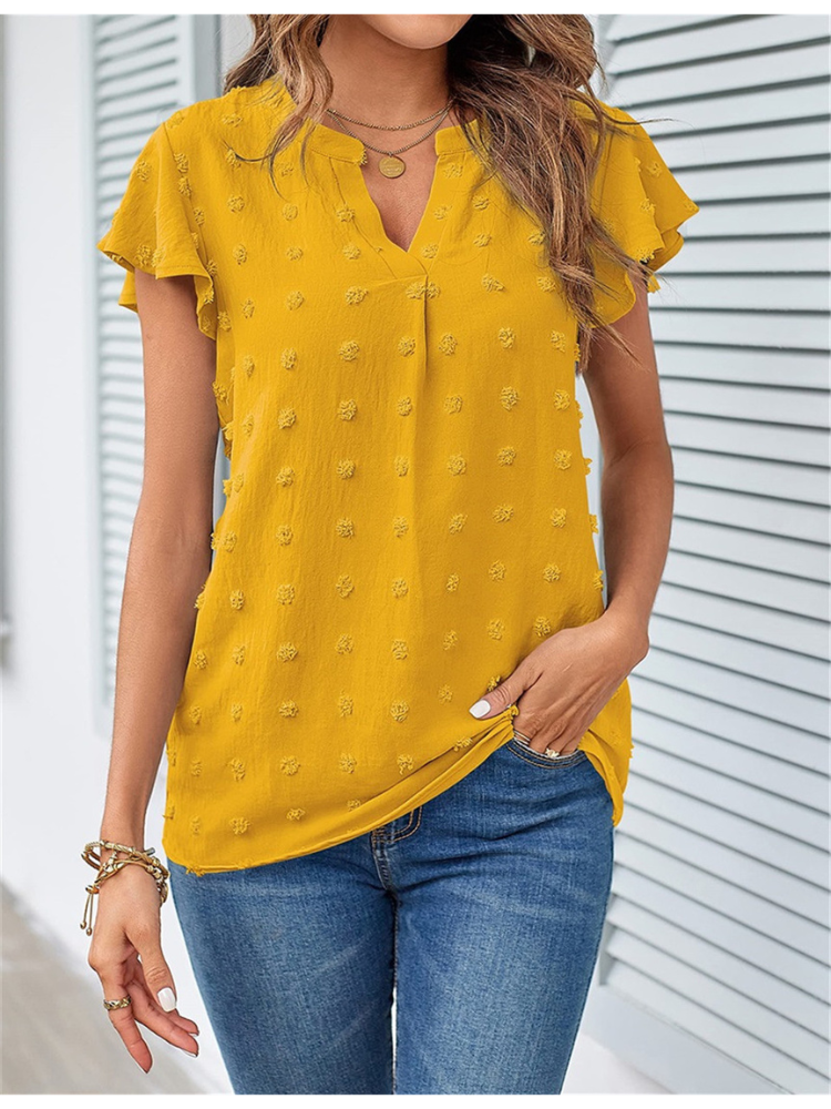 Women’s Ruffle Sleeve Blouse – Textured Notch Neck Top for Everyday Wear