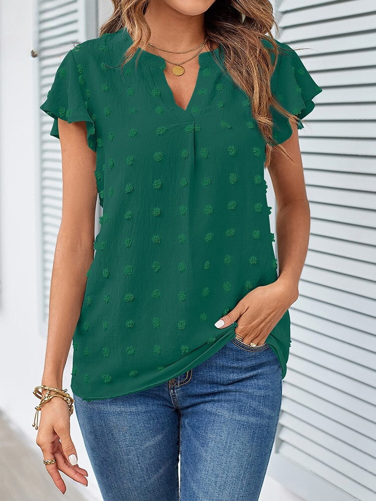 Women’s Ruffle Sleeve Blouse – Textured Notch Neck Top for Everyday Wear