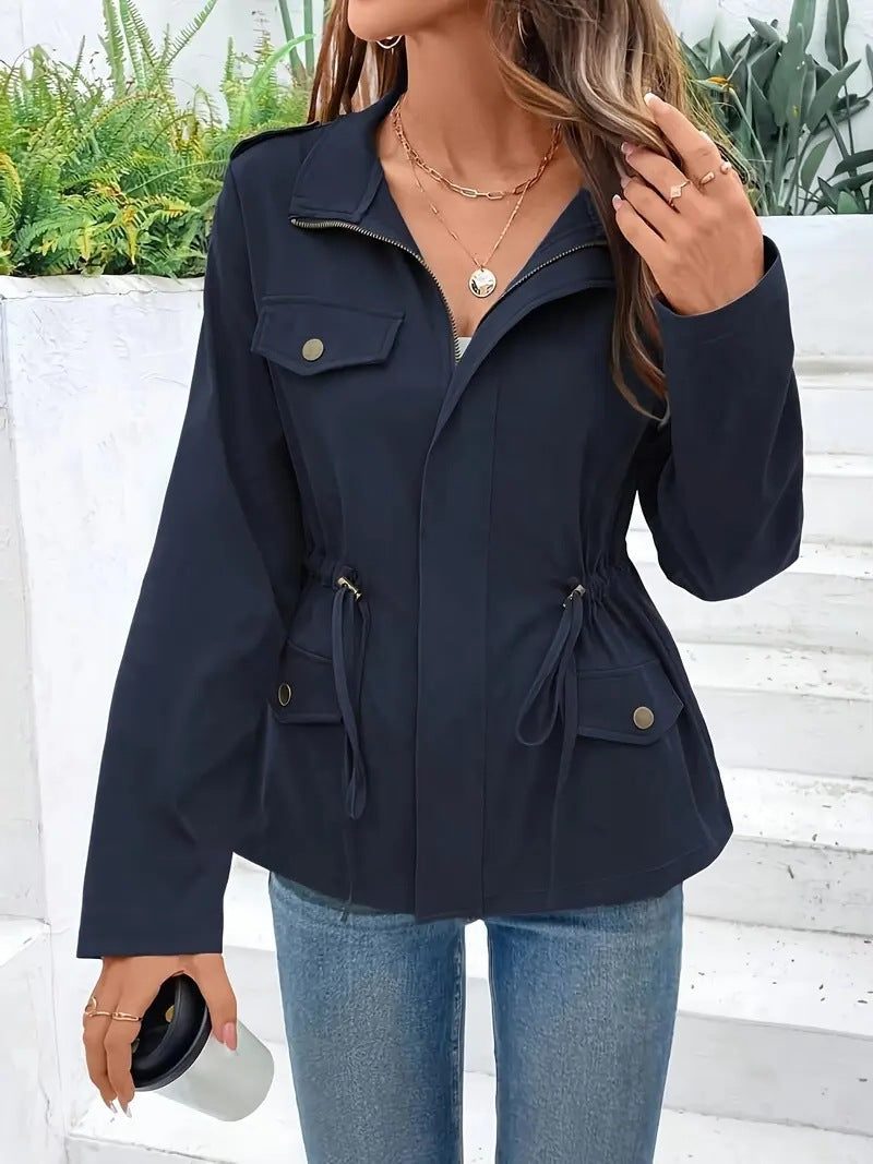 Giacca antipioggia da donna con vita regolabile - Cappotto utility con chiusura a zip e tasche con patta, ideale per le stagioni intermedie
