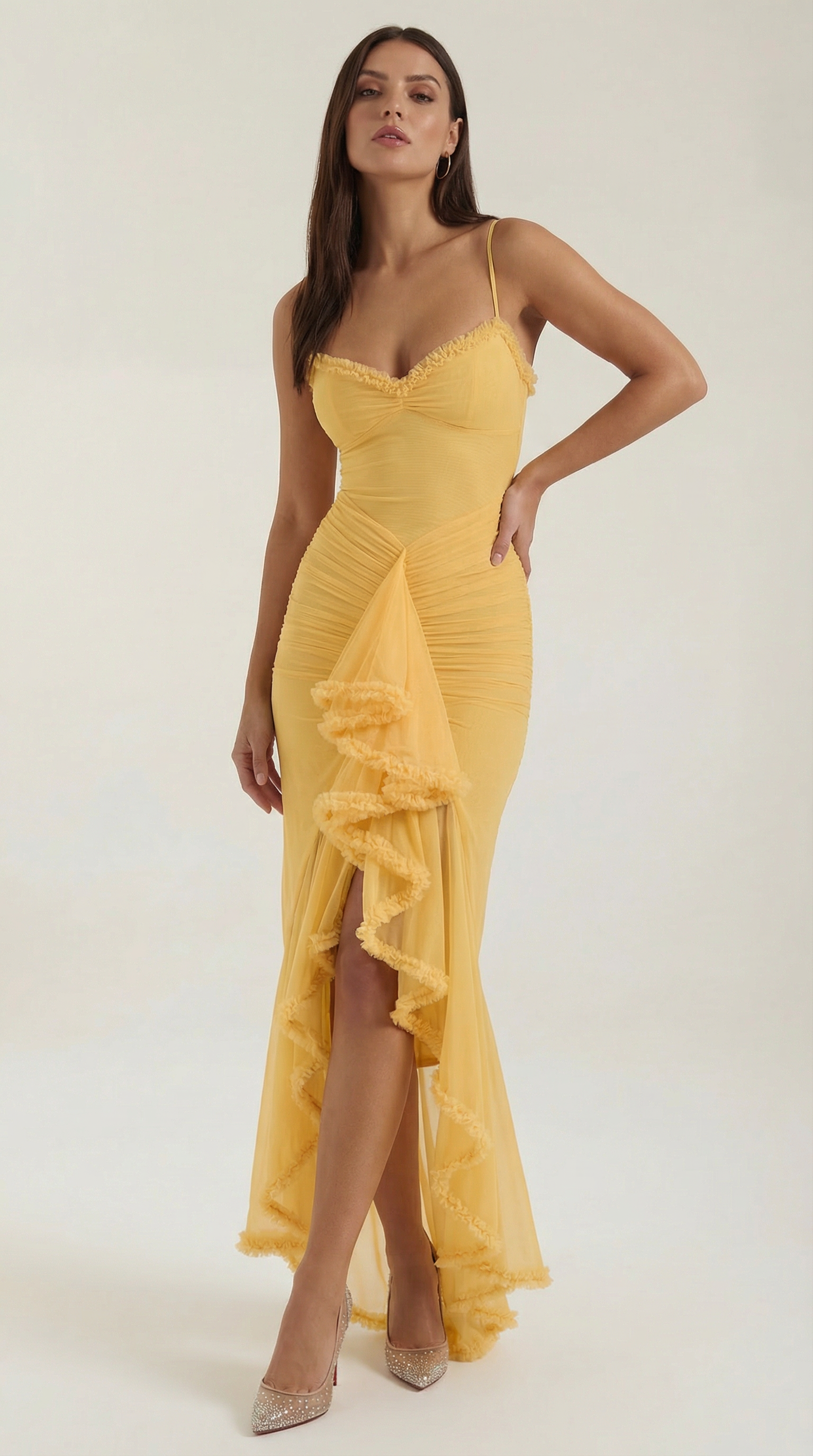 Women’s Ruched Ruffle Maxi Dress Sweetheart Strap Gown