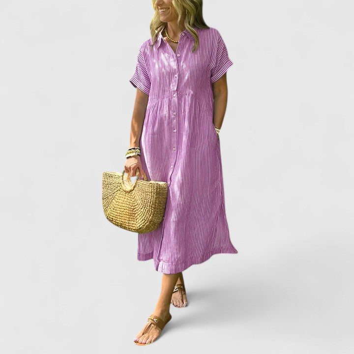 Abito midi da donna dalla vestibilità comoda – modello stampato con bottoni sul davanti e tasche, per l’estate
