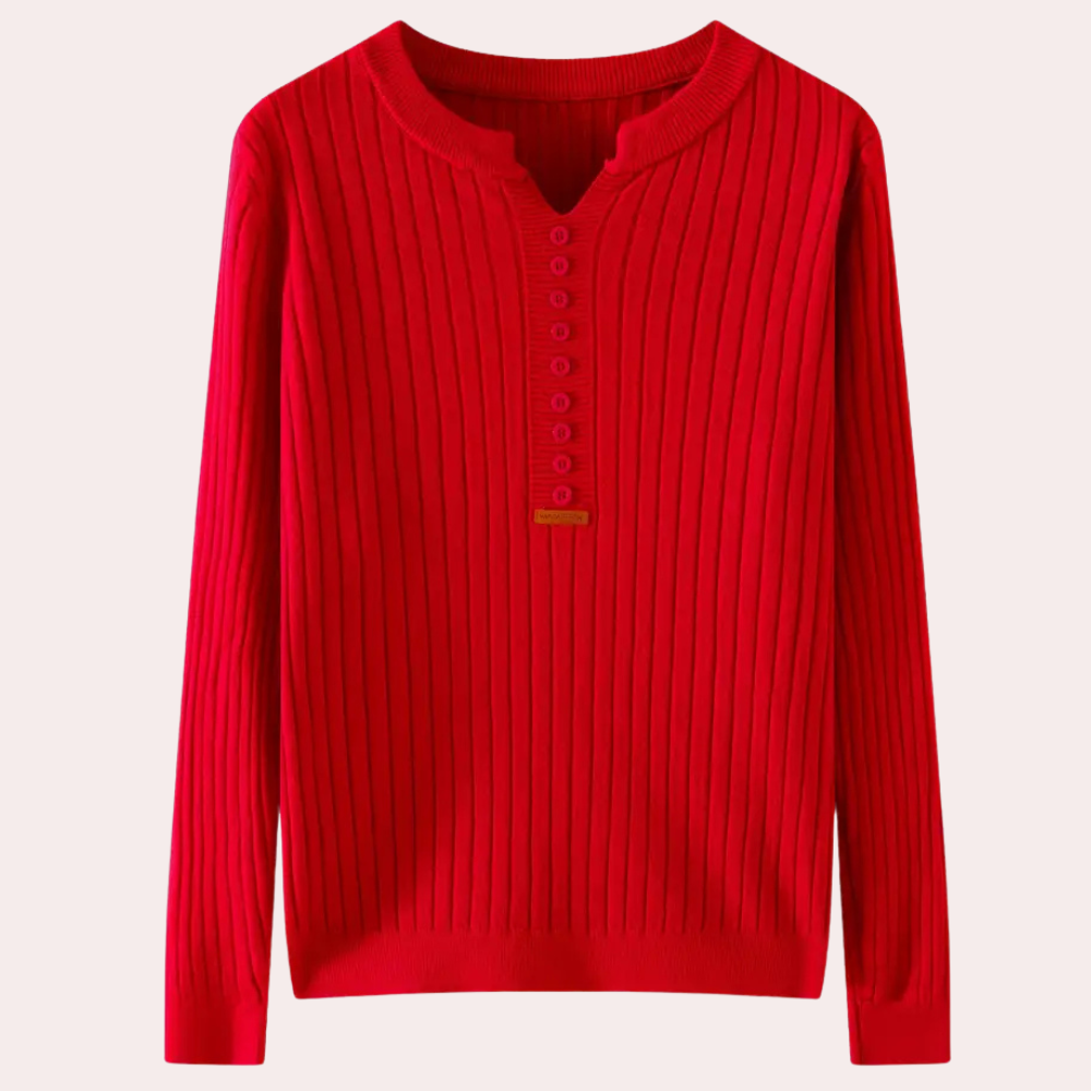 Suéter de punto acanalado para mujer con cuello en V y tapeta de botones