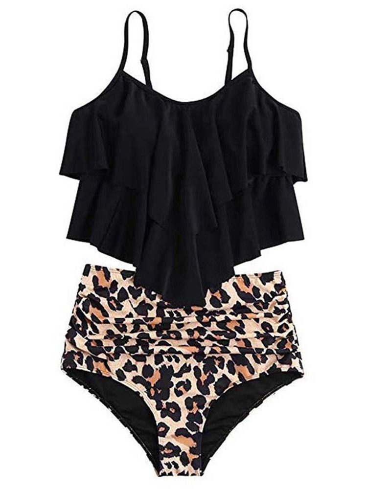 Women’s High-Waisted Bikini Set – Ruffle Cami Top with Leopard-Print Bottoms for Summer Swimwear