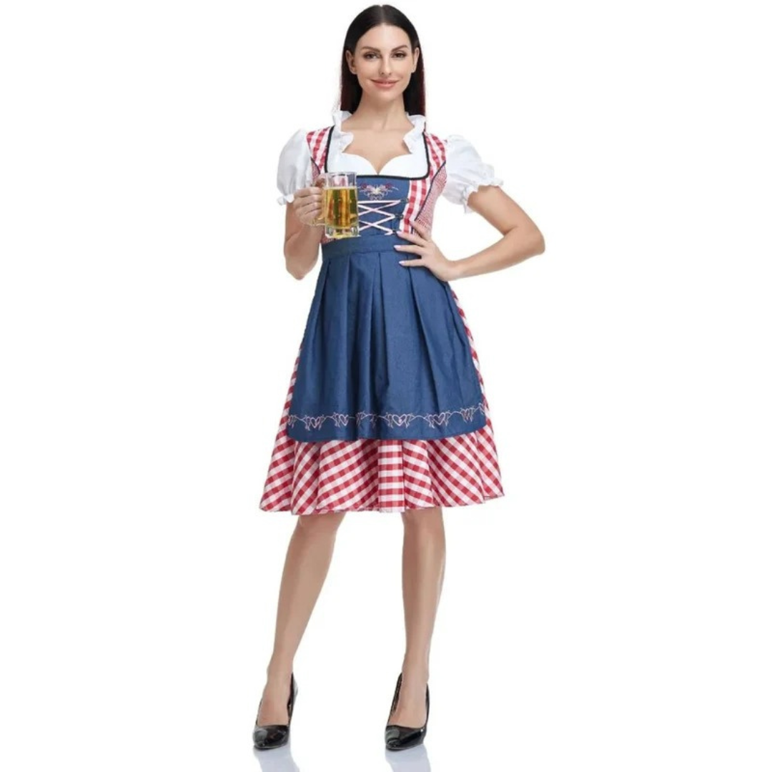 Women’s Check Dirndl Dress – Lace-Up Oktoberfest Midi with Apron