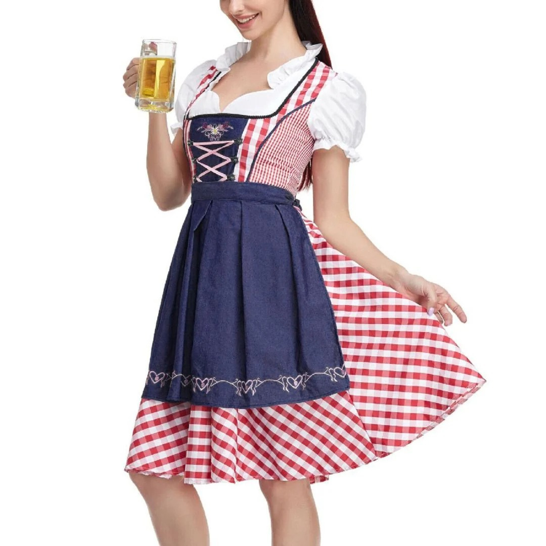 Women’s Check Dirndl Dress – Lace-Up Oktoberfest Midi with Apron