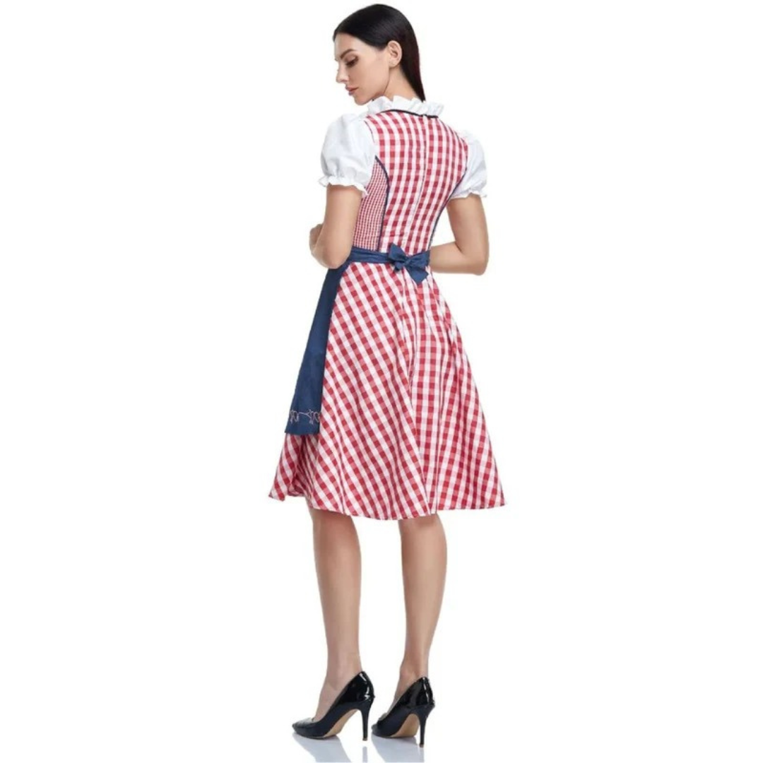 Women’s Check Dirndl Dress – Lace-Up Oktoberfest Midi with Apron