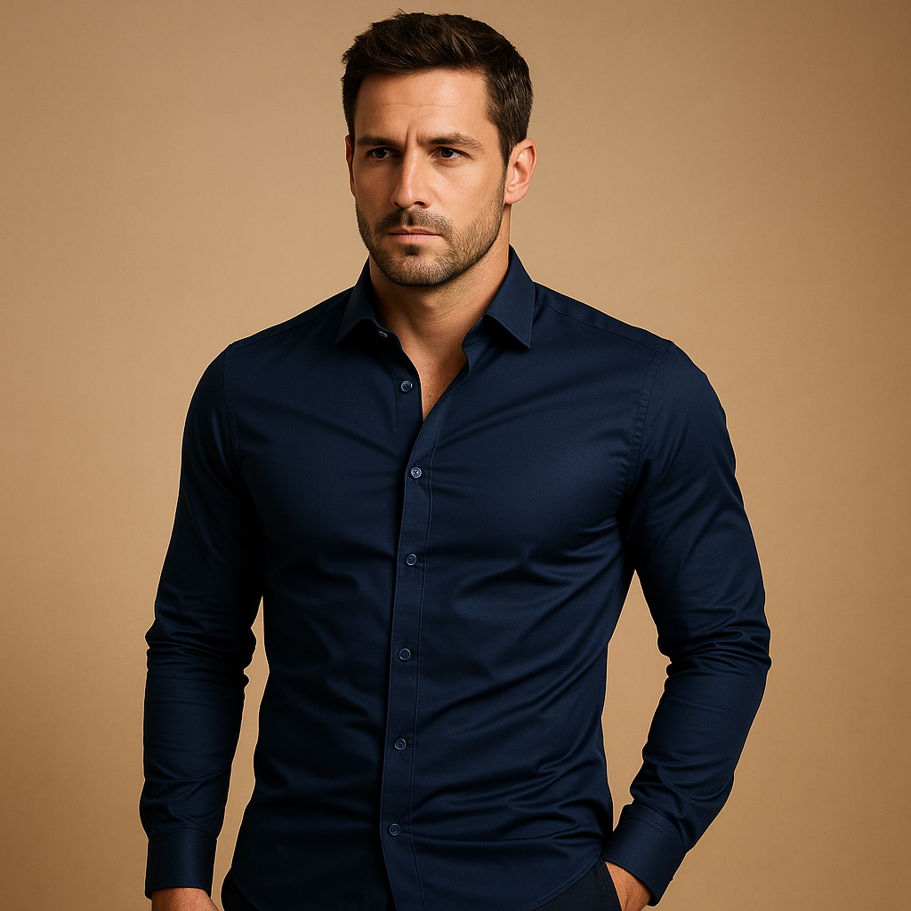 Slim fit-skjorte med lange ærmer i bomuld til mænd - Klassisk skjorte med nedfaldende krave og knaplukning foran til kontor, forretning, smart casual, aftenbrug og hverdagsbrug