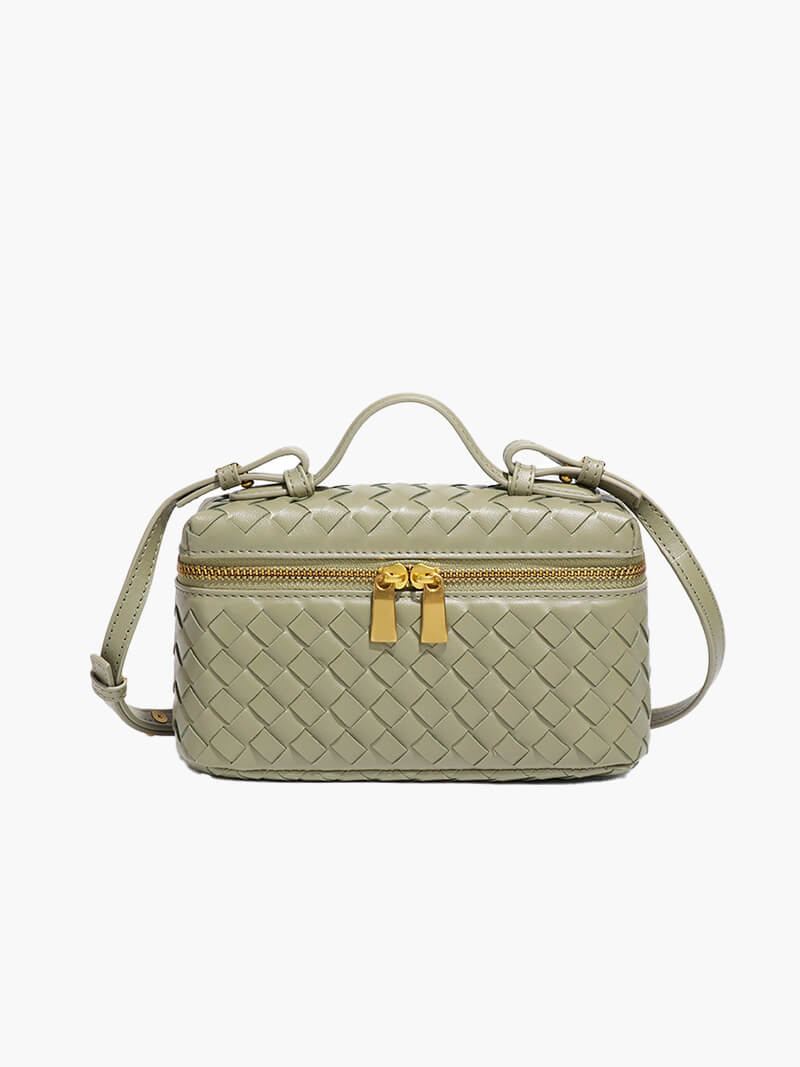 Women’s Woven Box Handbag – Compact Top-Handle Crossbody Bag with Gold Zip for Day and Evening Wear