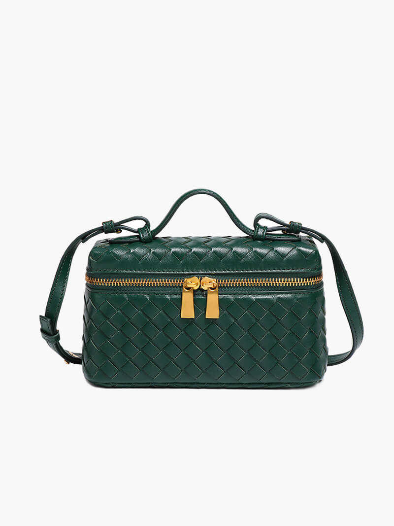 Women’s Woven Box Handbag – Compact Top-Handle Crossbody Bag with Gold Zip for Day and Evening Wear