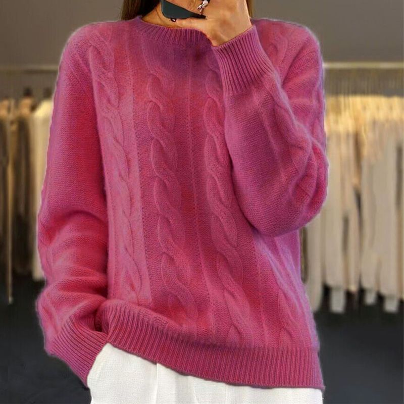 Γυναικείο πουλόβερ με πλέξη κοτσίδα και στρογγυλή λαιμόκοψη – Ζεστή μπλούζα με μακριά μανίκια για φθινόπωρο, χειμώνα και καθημερινή χρήση