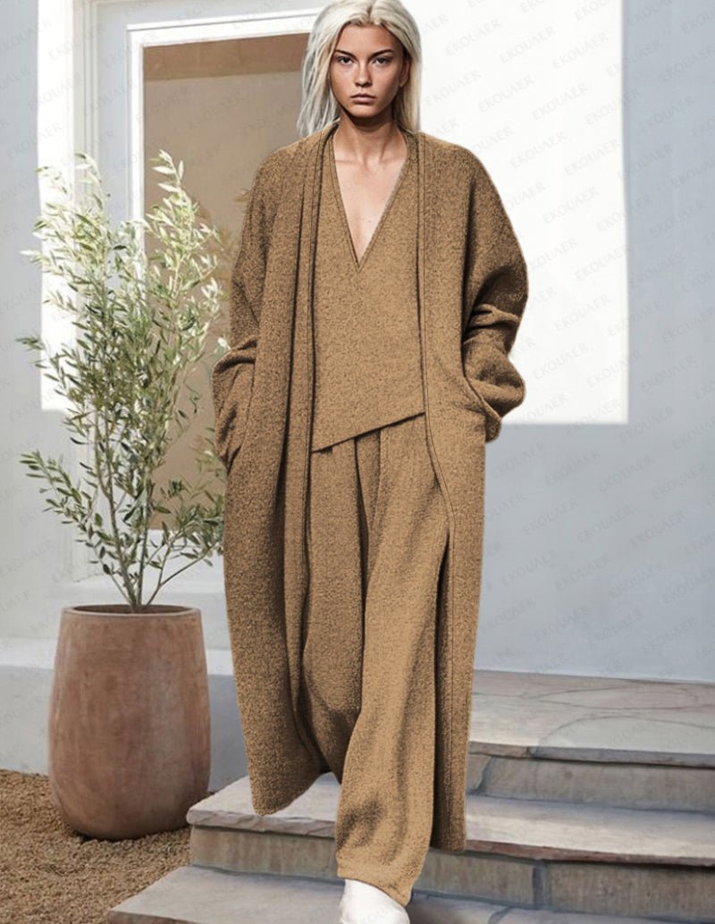 Ensemble détente trois pièces pour femmes avec cardigan long drapé