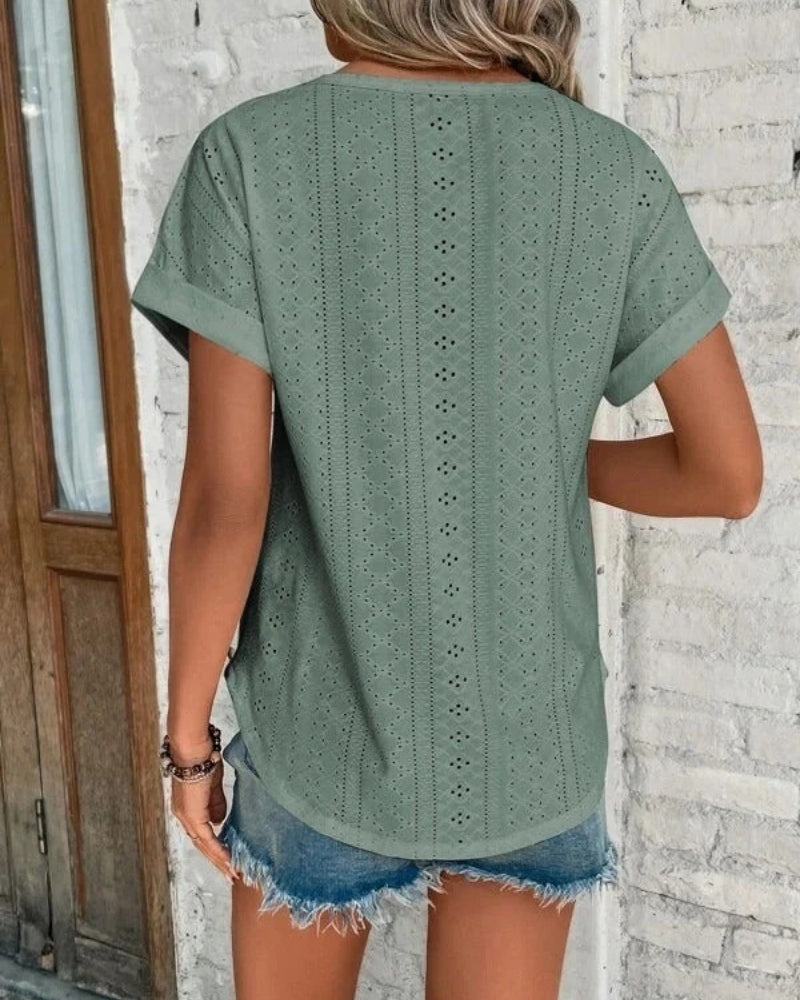 Women’s Eyelet Summer Blouse – Relaxed Short-Sleeve Top for Everyday Wear