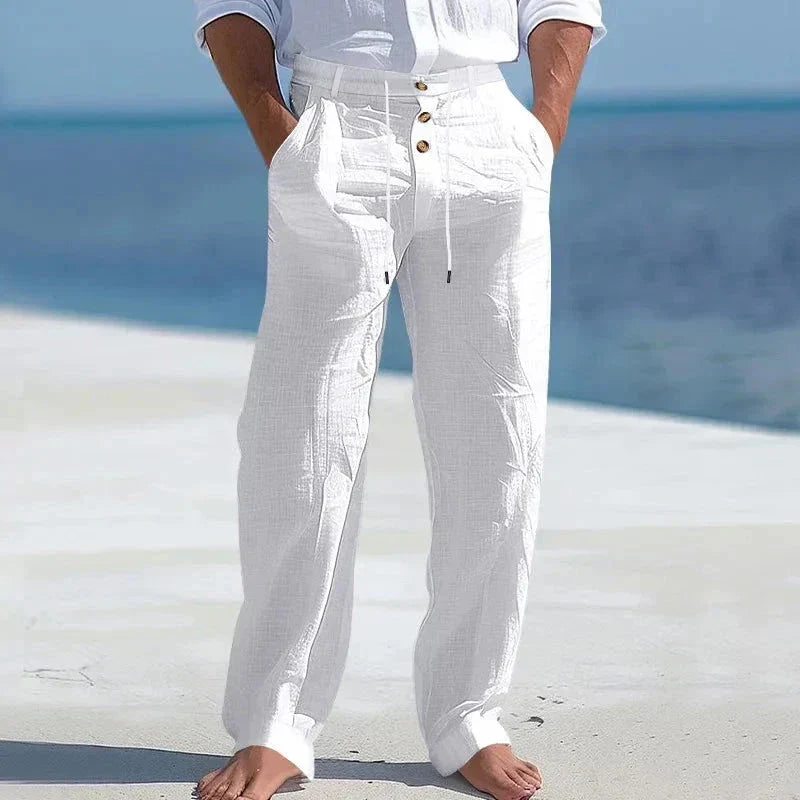 Pantaloni bărbătești din in cu șnur – pantaloni de vară lejeri pentru plajă și vacanță