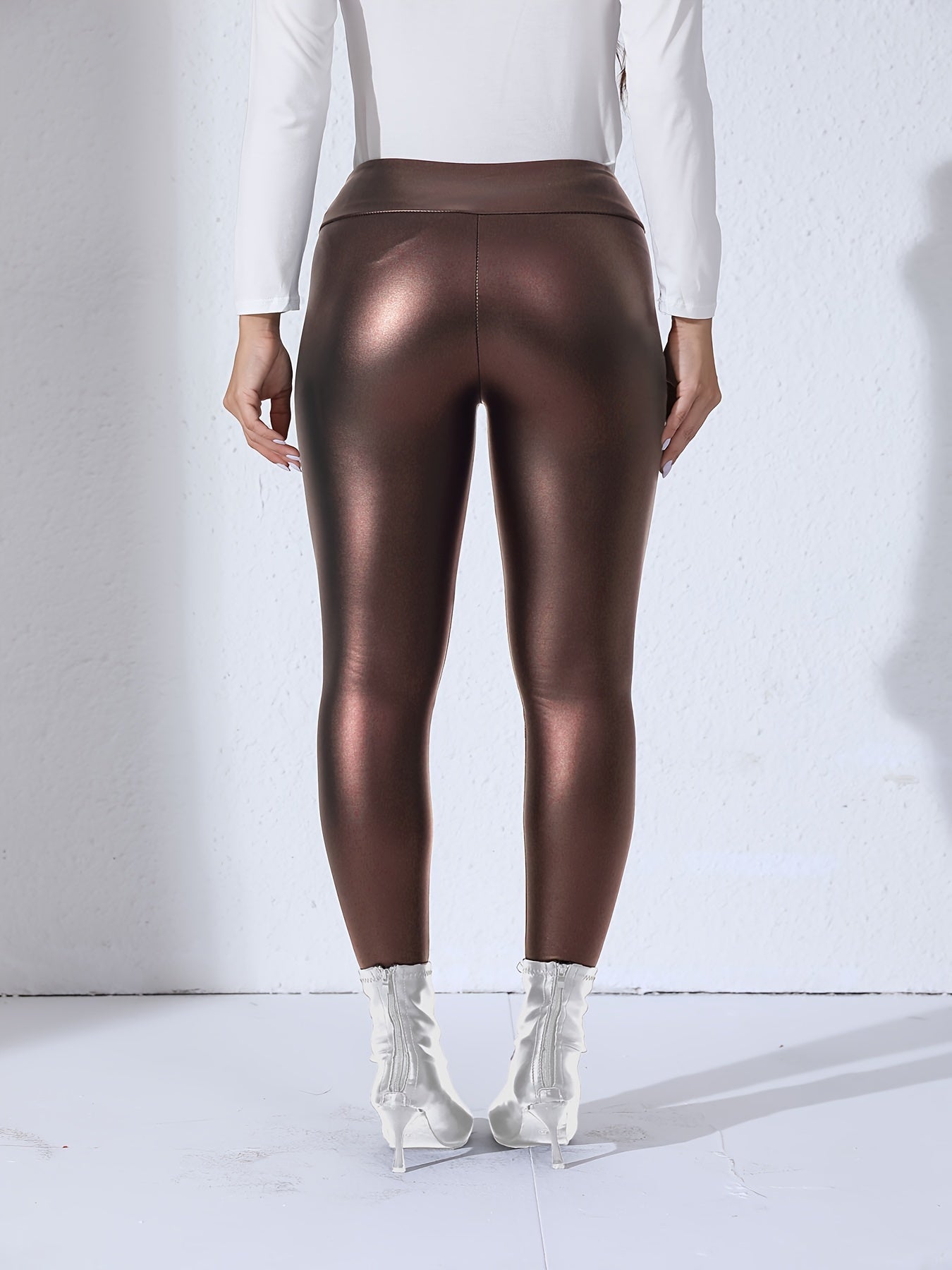 Leggings de cuero PU para mujer, cintura alta, elásticos, ajustados, elegantes, casuales para uso diario