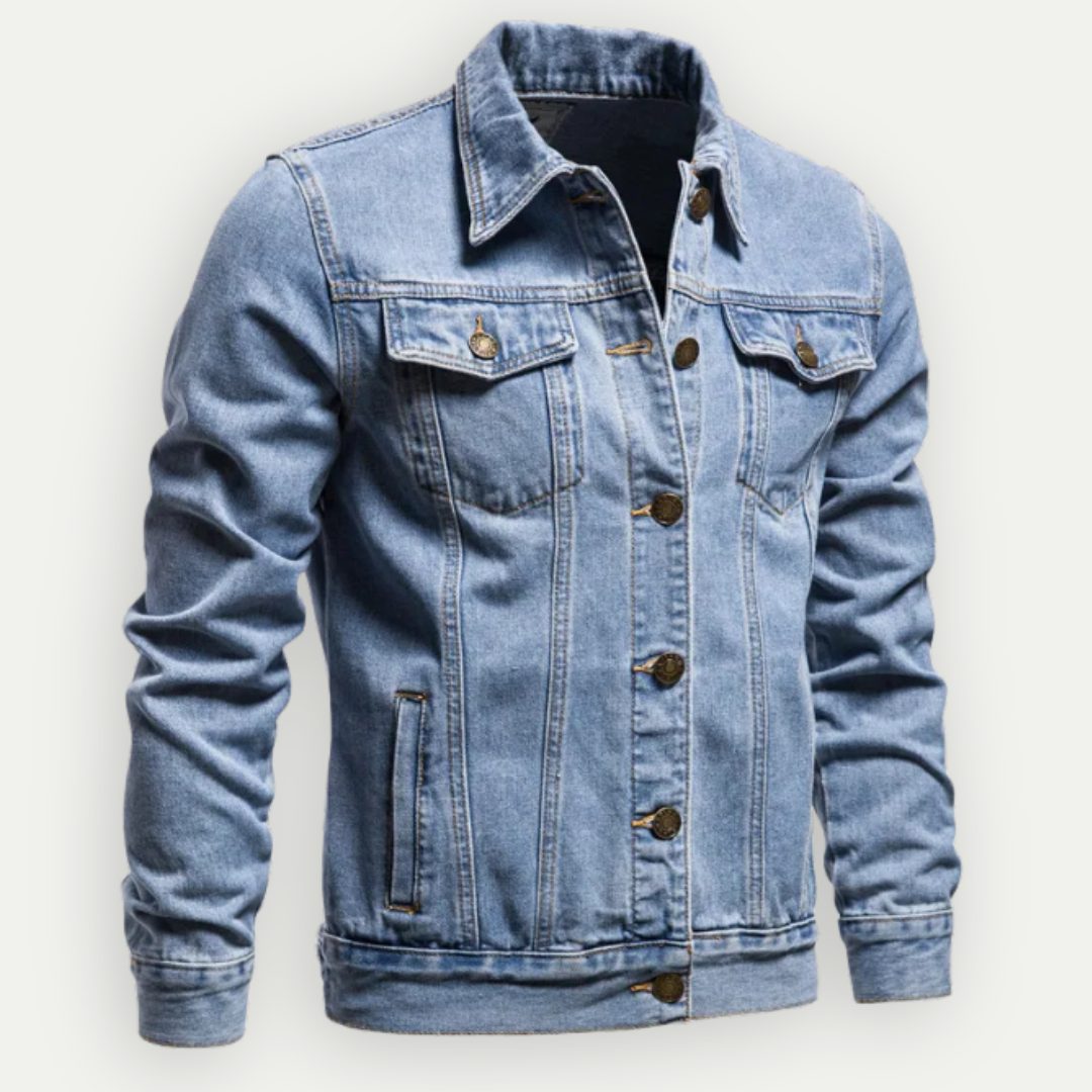 Giacca classica in denim da uomo - modello trucker con bottoni sul davanti e tasche applicate con patta sul petto, per un look casual di tutti i giorni