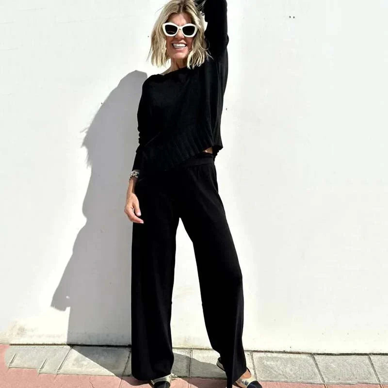 Dames relaxed wide-leg co-ordset - cropped top met lange mouwen en elastische taille voor casual dagelijks gebruik