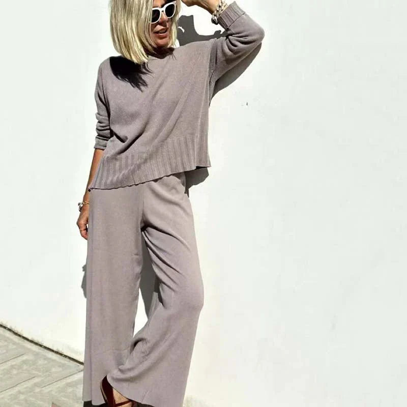 Dames relaxed wide-leg co-ordset - cropped top met lange mouwen en elastische taille voor casual dagelijks gebruik