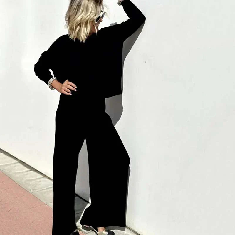 Dames relaxed wide-leg co-ordset - cropped top met lange mouwen en elastische taille voor casual dagelijks gebruik