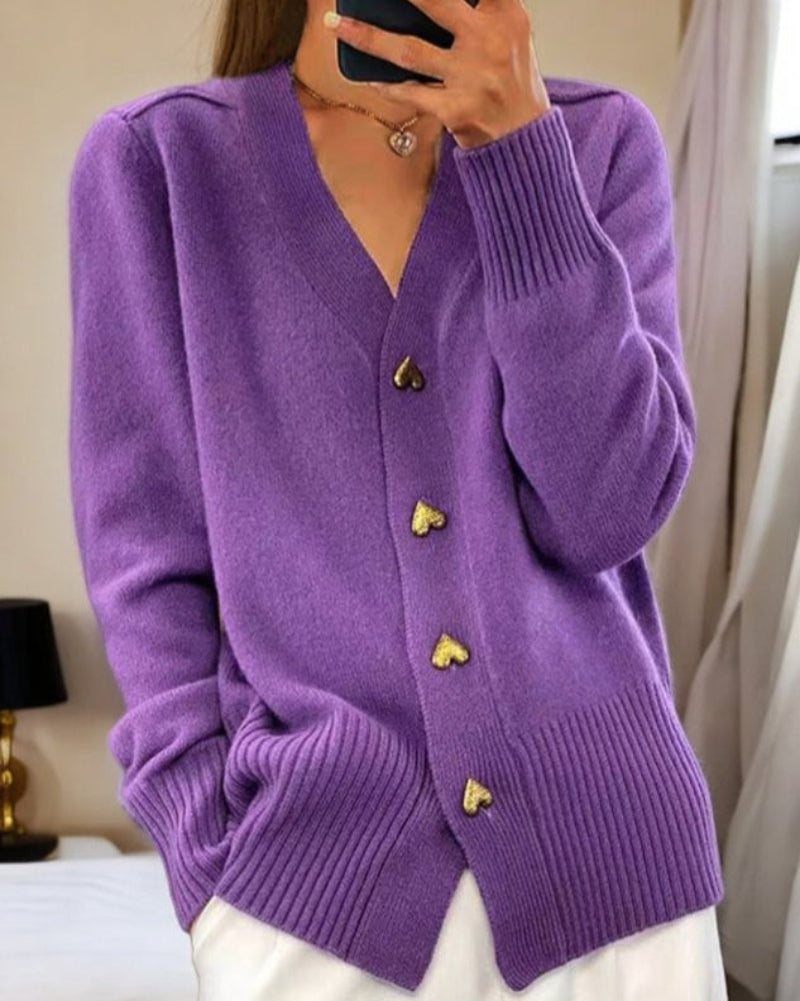 Cárdigan de punto para mujer con detalle de botones en forma de corazón, ajuste relajado, prenda para superponer
