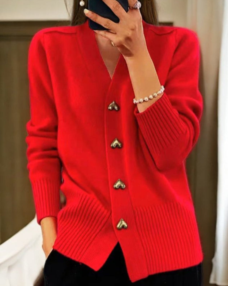 Cárdigan de punto para mujer con detalle de botones en forma de corazón, ajuste relajado, prenda para superponer