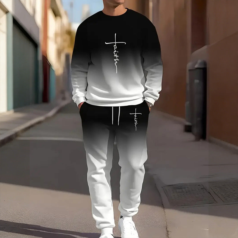 Tuta sportiva da uomo stampata in due pezzi con felpa girocollo e jogger con coulisse - Completo casual per la primavera e l’autunno