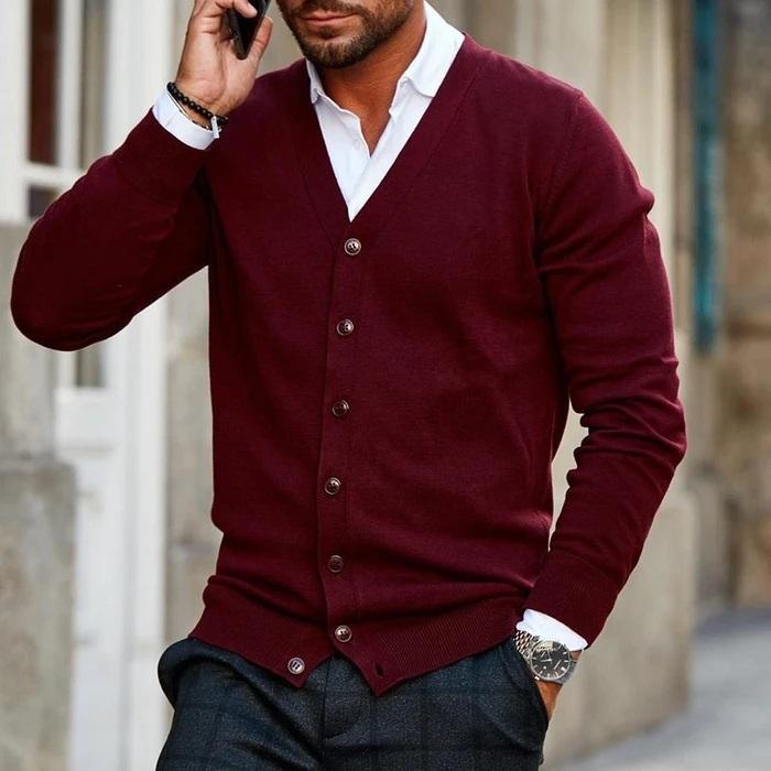 Cardigan casual da uomo con scollo a V, bottoni, morbido e confortevole, maglia fine, smart casual, ideale per stratificare ogni giorno