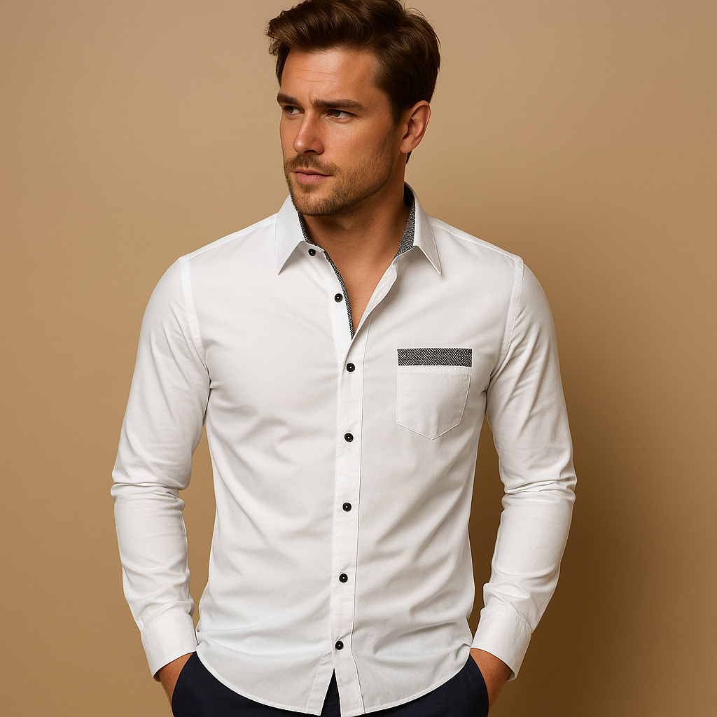 Slim fit-skjorte med lange ærmer til mænd - klassisk skjorte med knapper foran, krave og brystlomme til pænt, afslappet kontor-, aften- og hverdagsbrug