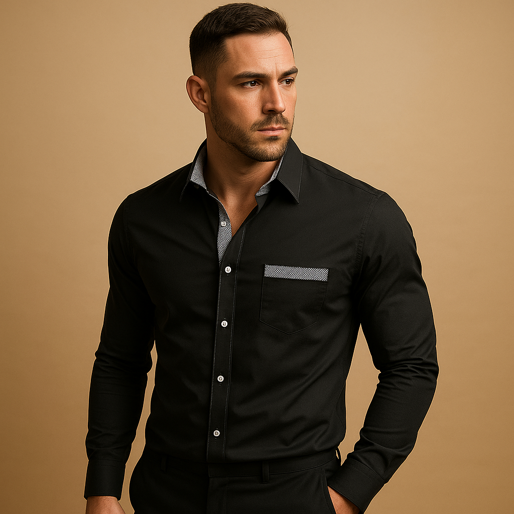 Slim fit-skjorte med lange ærmer til mænd - klassisk skjorte med knapper foran, krave og brystlomme til pænt, afslappet kontor-, aften- og hverdagsbrug