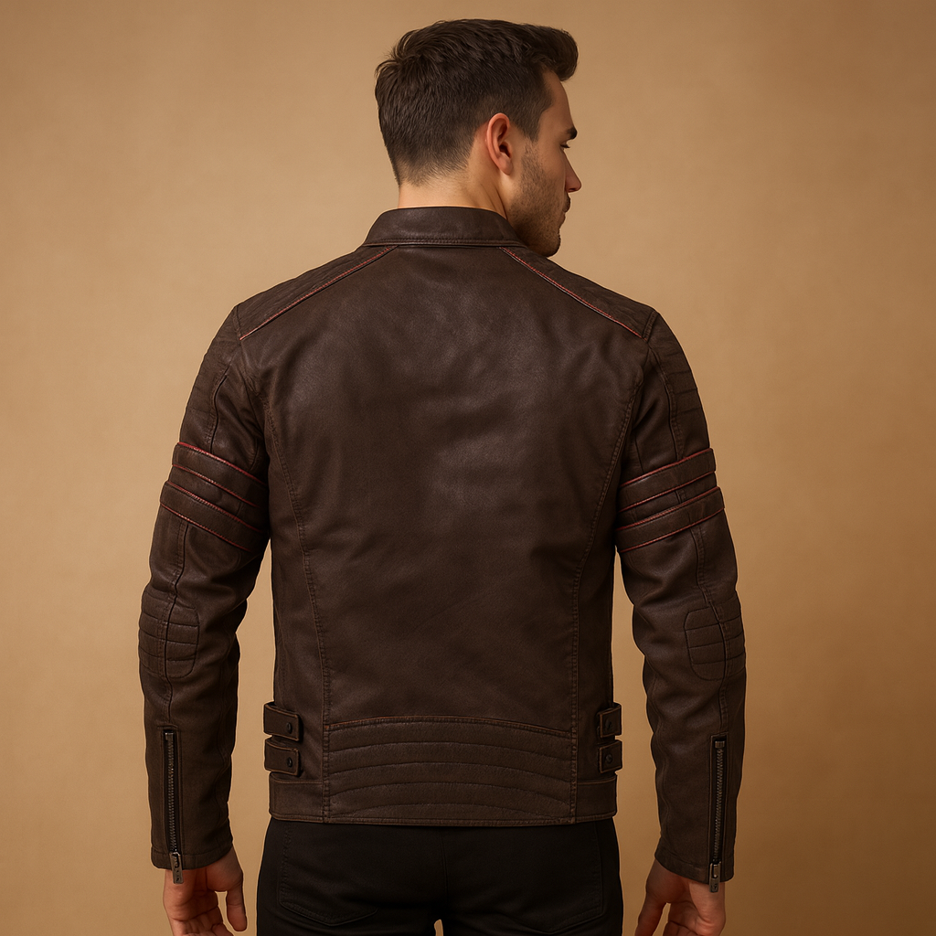 Men’s Leather-Look Biker Jacket – Fitted Zip-Up Motorcycle Style for Autumn Winter Casual City and Evening Wear