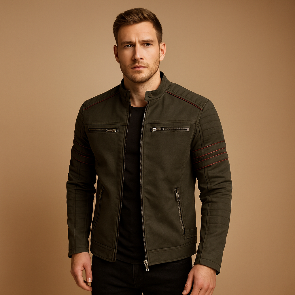 Men’s Leather-Look Biker Jacket – Fitted Zip-Up Motorcycle Style for Autumn Winter Casual City and Evening Wear