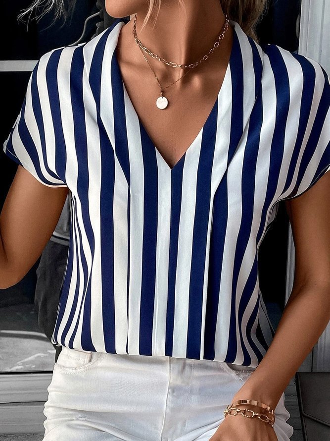 Blusa estampada para mujer con cuello en V y cuello drapeado – Estilo holgado de manga corta para el trabajo y los fines de semana